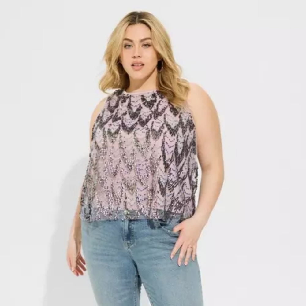 NWT Torrid Sequin Shell Crop Tank Mermaid Sequin Gunmetal Lavender 2 2X 18 - 20